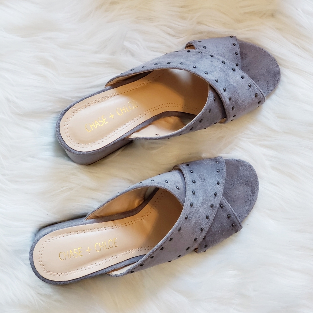 Chase + Chole - Moscow Grey Suede criss cross strap Open Toe Mule Block Slides